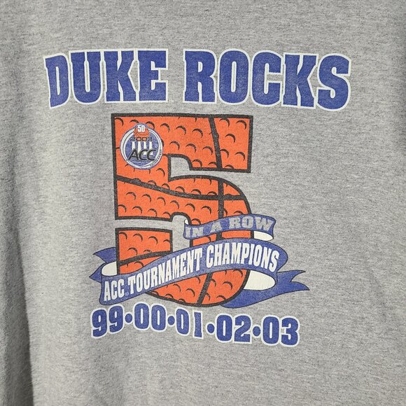 Vtg 2003 Duke Blue Devils "Duke Rocks" ACC Champs 5 in a Row Gray 2XL T-Shirt - Picture 2 of 4